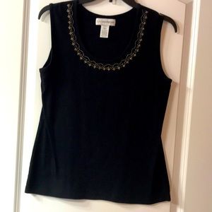 Black tank with gold stitching and beads at neckline. SagHarbor, size S